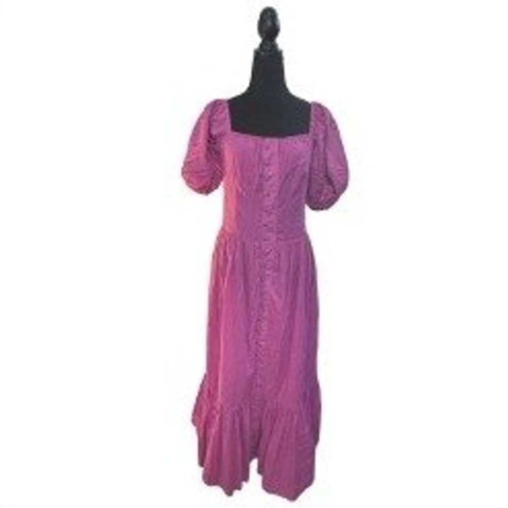 Skunk Brazil Magenta Cotton Puff Sleeve Button Front Tiered‎ Maxi Dress Size 38 - Picture 3 of 14